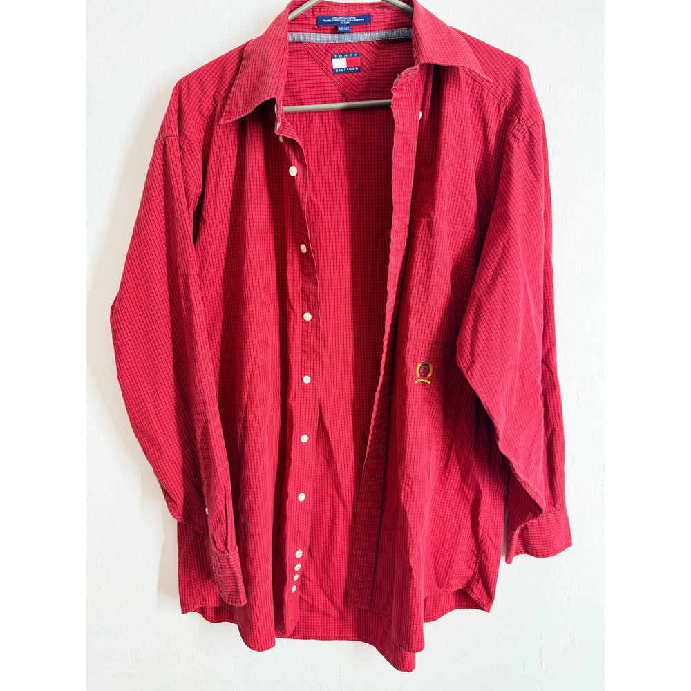 Tommy Hilfiger Mens Red Micro Check Button Down Shirt Long Sleeve 15.5 32-33